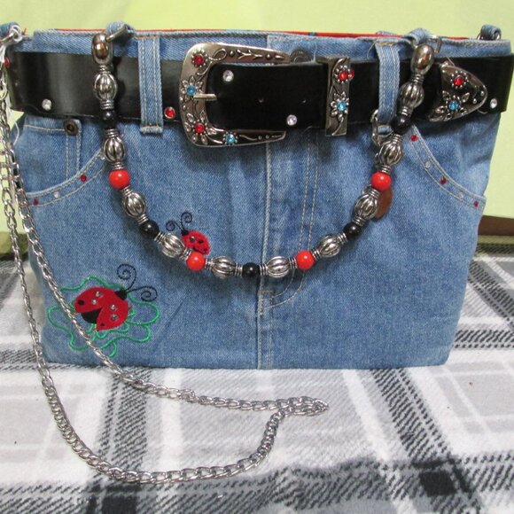P2374-New Tall BOOTY Bag with Embroidered Lady Bugs and Glitter Wallet - Picture 1 of 8